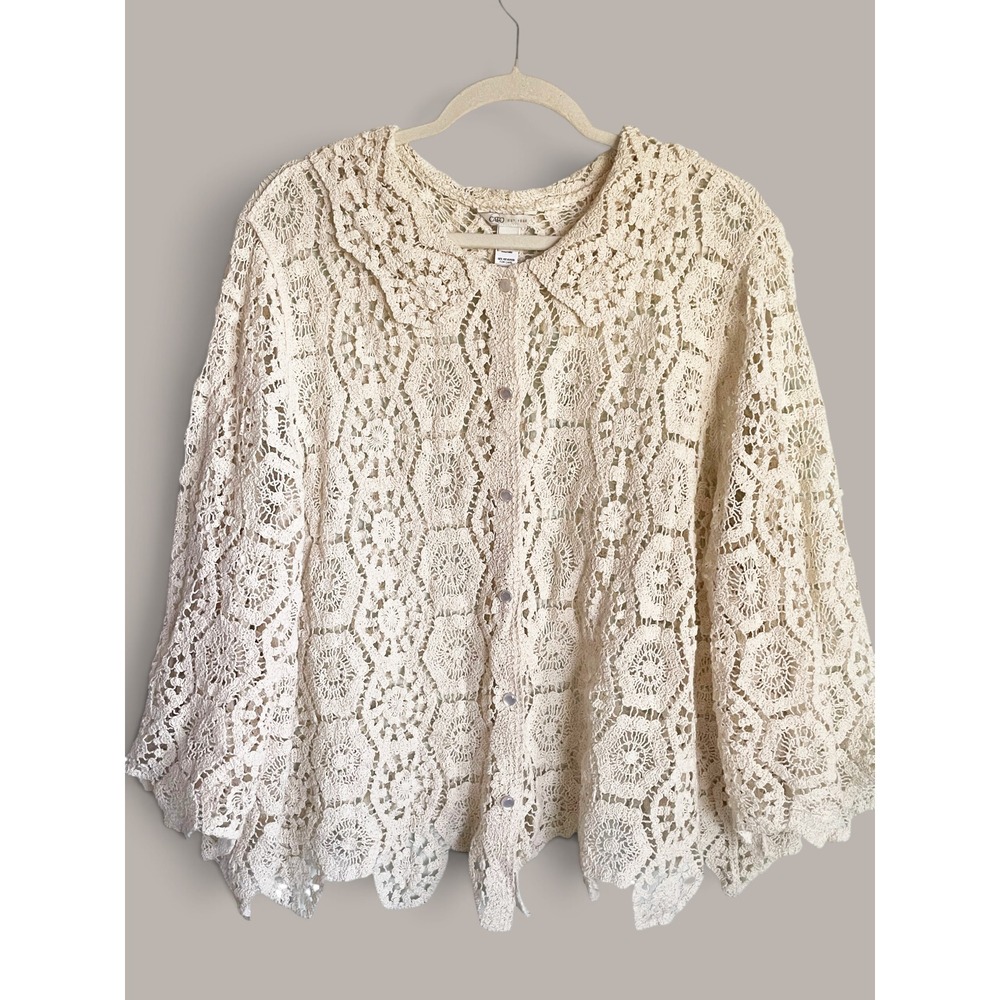 Cato‎ Crochet Cardigan Sweater 22/24W Cream Floral Lace Peter Pan Collar Twee